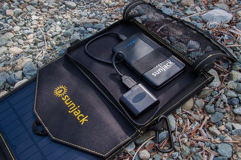 SunJack solar panel charging a battery pack